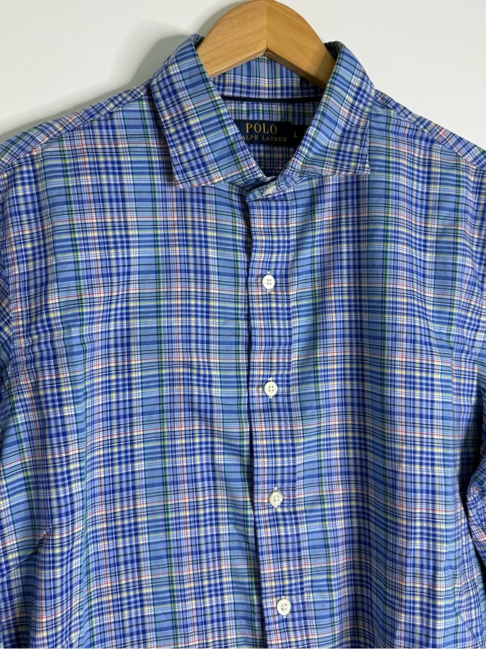 Polo Ralph Lauren Plaid Button Up Shirt Large Blue Cotton Long Sleeve